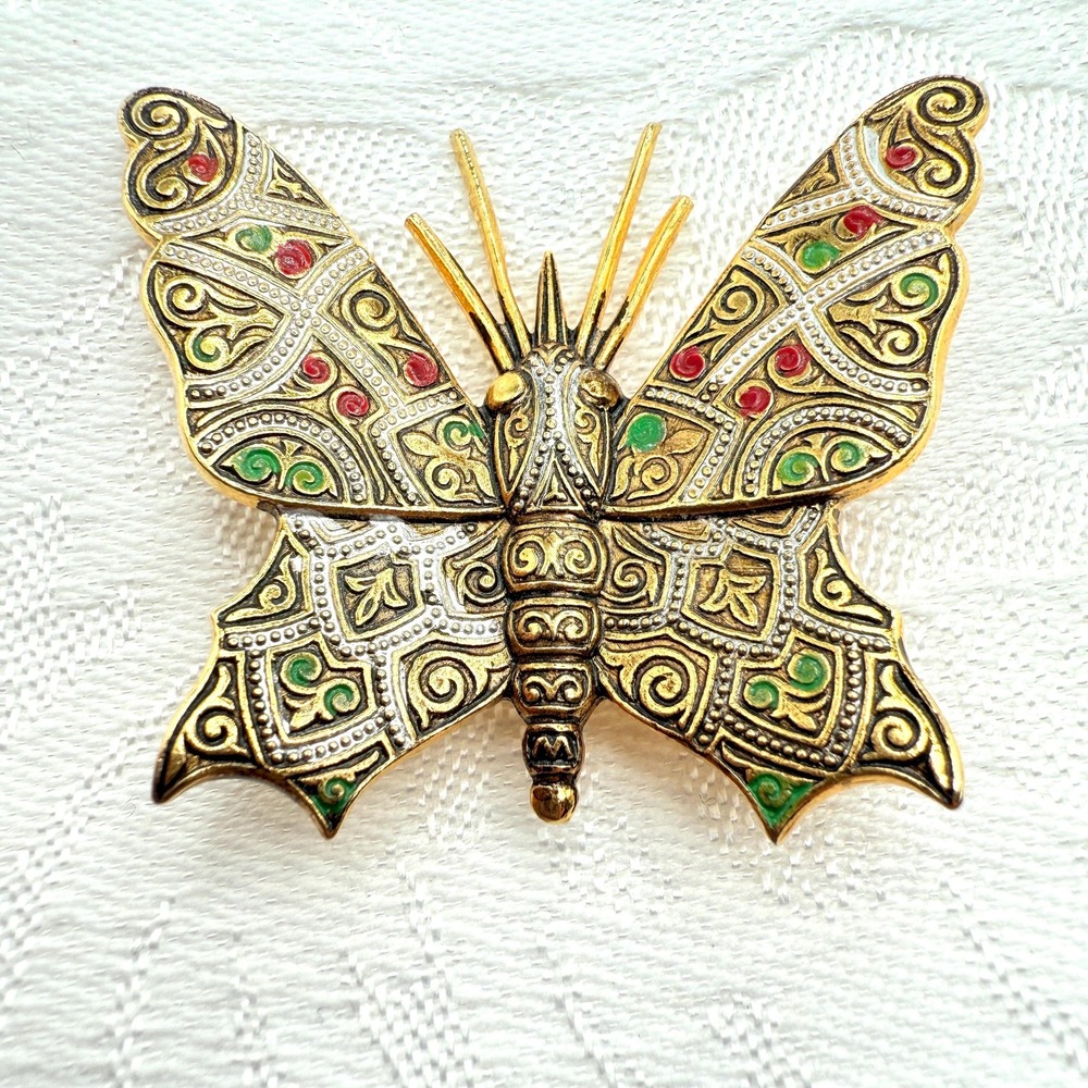 Vintage Gold Tone Damascene Style Butterfly Brooch Costume Pin | Made in Spain